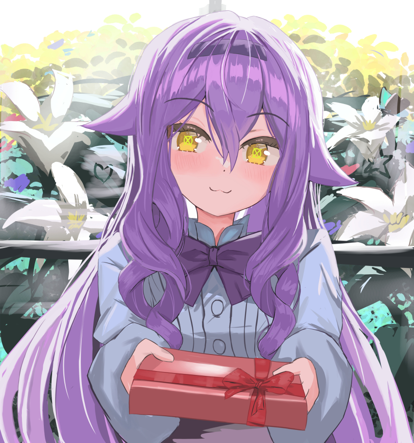 1girl :3 absurdres blush bow bowtie box commentary_request crosshair_pupils curly_sidelocks dot_nose floral_background flower gift gift_box hair_between_eyes hair_flaps hairband highres honkai_(series) honkai_impact_3rd incoming_gift long_hair long_sidelocks long_sleeves looking_at_viewer masita_(kcsf3528) puffy_sleeves purple_bow purple_bowtie purple_hair purple_hairband shirt sidelocks sirin sirin_(magic_academy_uniform) sirin_(miracle_magical_girl) solo symbol-shaped_pupils valentine very_long_hair white_flower white_shirt yellow_eyes
