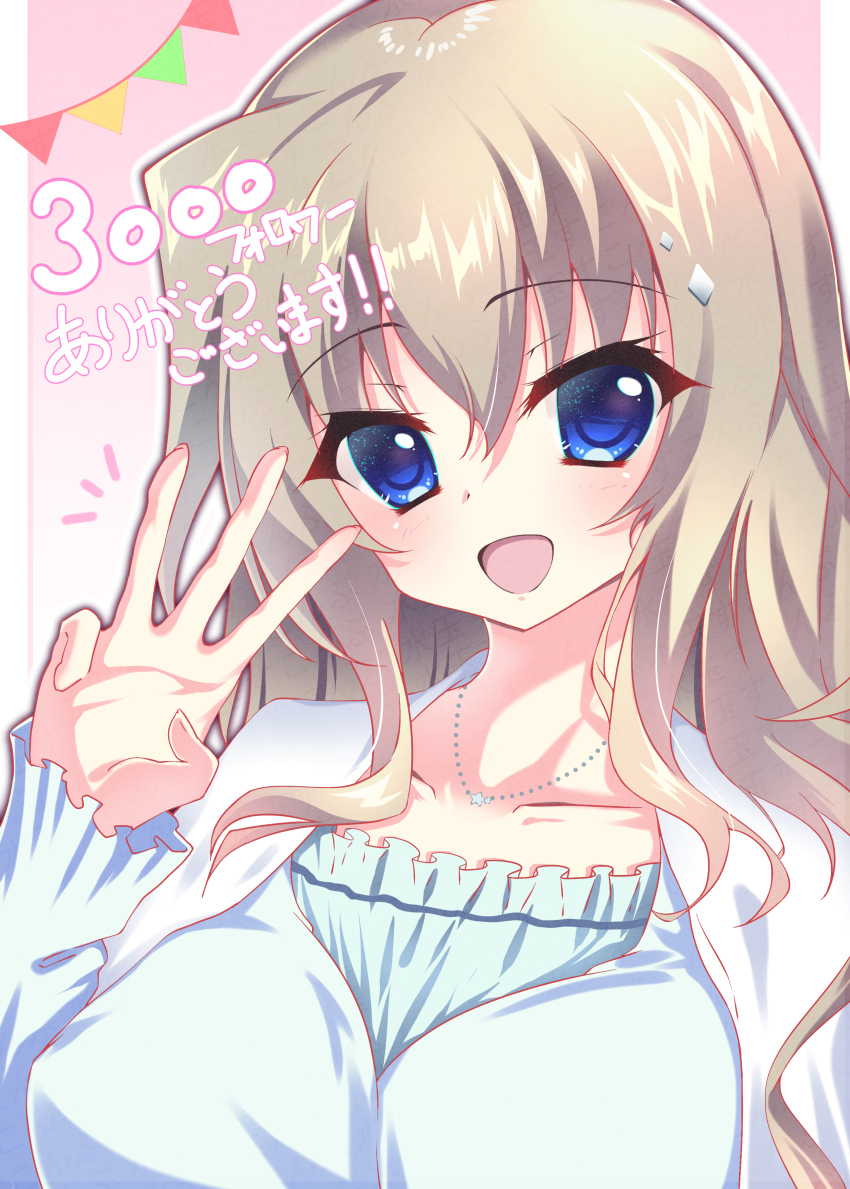 1girl 9-nine- :d absurdres blue_dress blue_eyes blush breasts brown_hair commentary_request diamond_hair_ornament dress eyes_visible_through_hair hair_between_eyes hand_up happy highres jewelry kujou_miyako large_breasts long_hair long_sleeves looking_at_viewer milestone_celebration necklace notice_lines open_mouth outline pink_background sidelocks simple_background smile solo star_(symbol) star_necklace sukonbu385 translation_request upper_body watermark white_outline