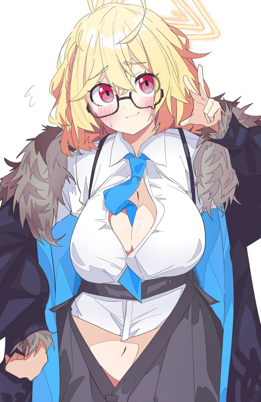 1girl absurdres between_breasts blonde_hair blue_archive blue_necktie breasts cleavage commentary fur_trim highres kotori_(blue_archive) large_breasts navel necktie necktie_between_breasts open_clothes open_skirt simple_background skirt solo symbol-only_commentary tovjiw6kok72805 white_background