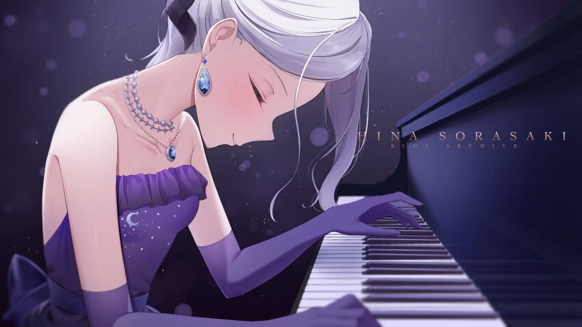 1girl absurdres bare_shoulders black_horns blue_archive blush breasts character_name closed_eyes closed_mouth collarbone commentary copyright_name crescent_print demon_girl demon_horns dress earrings elbow_gloves floating_earring formal_clothes frilled_dress frills from_side glint gloves hair_behind_ear highres hina_(blue_archive) hina_(dress)_(blue_archive) horns instrument jewelry leaning_forward music official_alternate_costume official_alternate_hairstyle pendant piano piano_keys playing_instrument playing_piano print_dress profile purple_dress purple_gloves simple_background sitting small_breasts smile solo strapless strapless_dress wfa5051