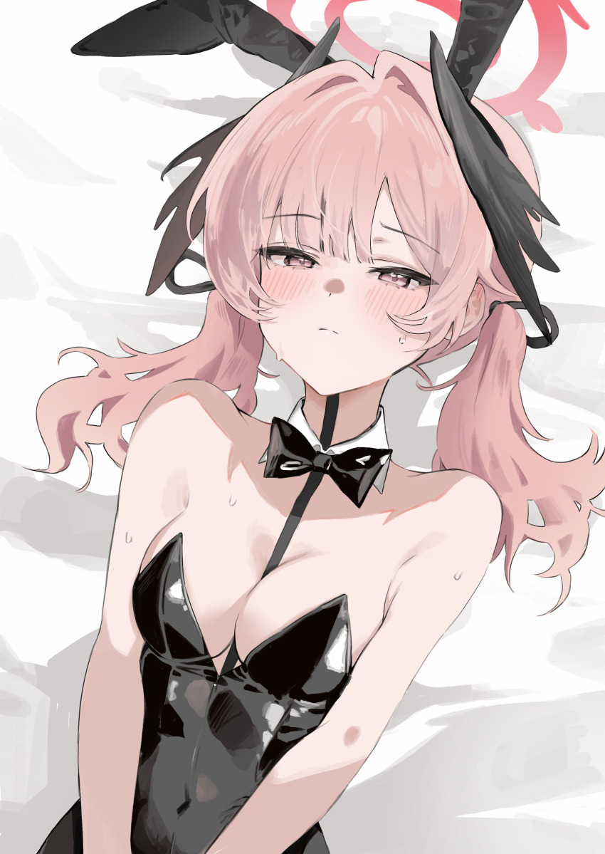 1girl absurdres alternate_breast_size alternate_costume animal_ear_hairband animal_ears bed_sheet black_bow black_bowtie black_leotard black_wings blue_archive blush bow bowtie breasts cleavage commentary covered_navel detached_collar fake_animal_ears feathered_wings hairband halo head_wings highres koharu_(blue_archive) lamancha_1110 leotard long_hair looking_at_viewer lying medium_breasts on_back pink_eyes pink_hair playboy_bunny rabbit_ear_hairband rabbit_ears solo strapless strapless_leotard sweat twintails upper_body wings
