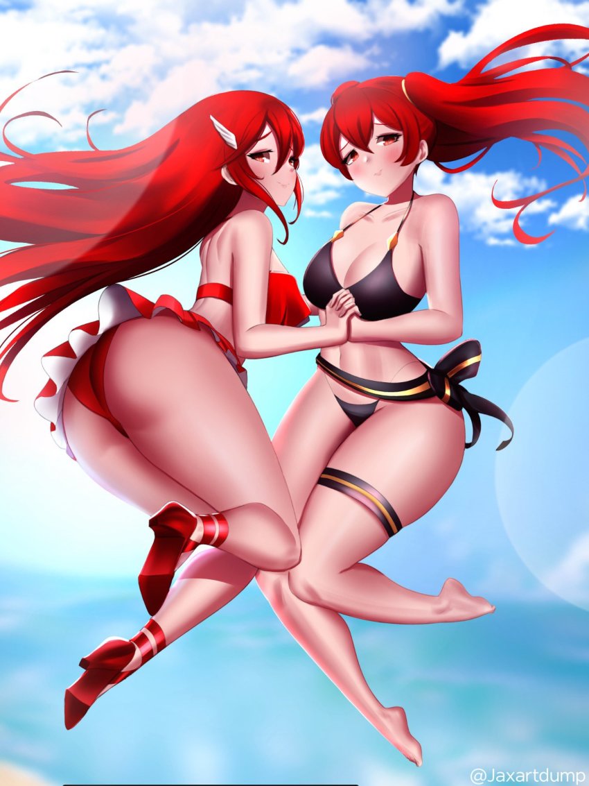 2girls @storm5958 adapted_costume ankle_ribbon ass barefoot beach bikini black_bikini breasts censored cordelia_(fire_emblem) day feet fire_emblem fire_emblem_awakening fire_emblem_heroes hair_ornament high_heel_sandals high_heels highres holding_hands interlocked_fingers jake_brito jaxdrawz julie_ann_taylor leg_ribbon long_hair looking_at_viewer mother_and_daughter multiple_girls nintendo official_alternate_costume red_bikini red_eyes red_hair ribbon sandals severa_(fire_emblem) sex stomach swimsuit thigh_strap thighs twintails voice_actor_connection wide_hips yuri