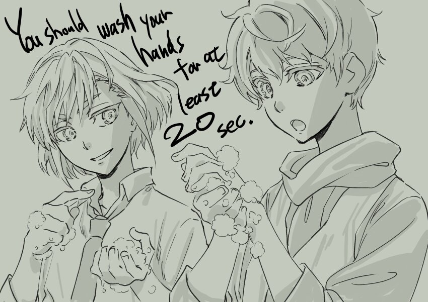 2boys :o absurdres commentary_request coronavirus_pandemic english_text greyscale highres khun_aguero_agnis kudou_masashi male_focus monochrome multiple_boys necktie open_mouth pointing smile soap_bubbles tower_of_god twenty-fifth_bam washing_hands