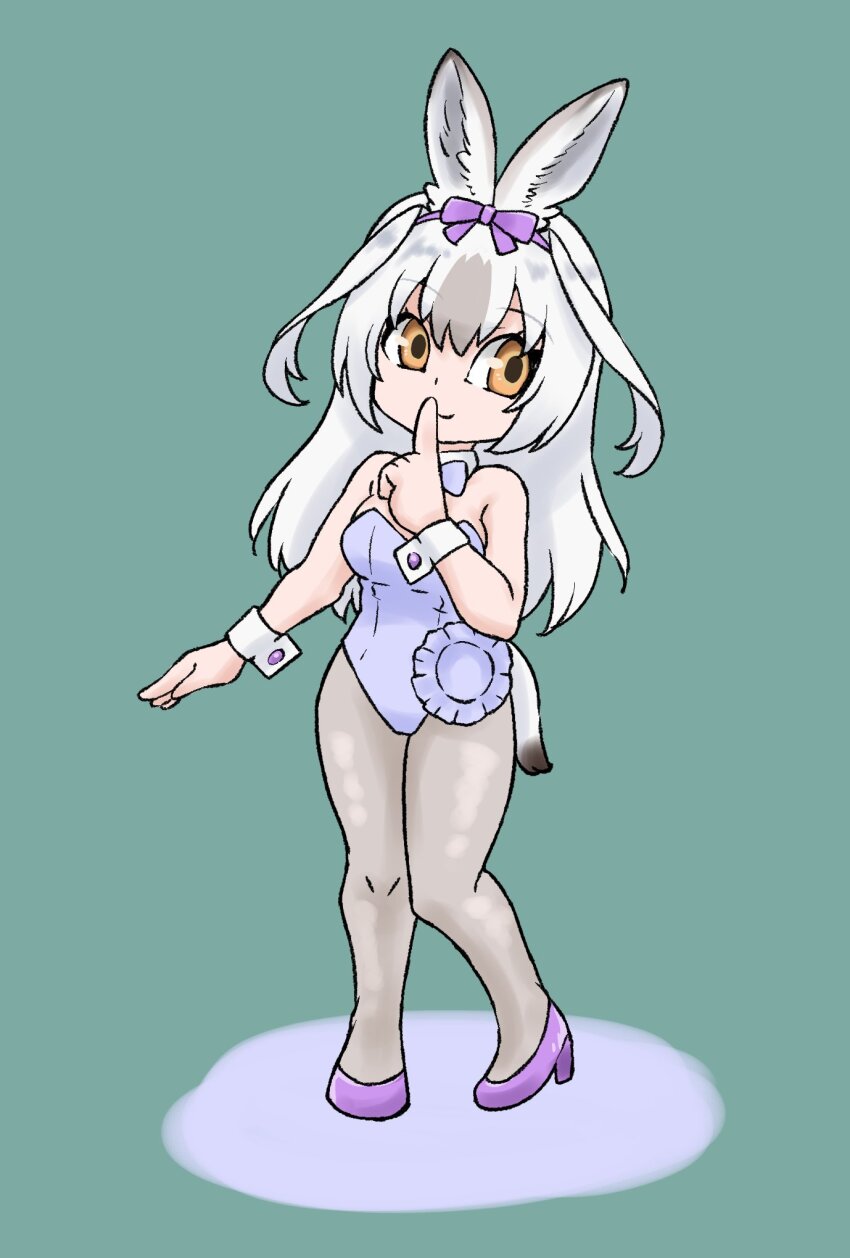 1girl alternate_costume animal_ears bare_shoulders bow bowtie detached_collar finger_to_mouth gravi_pig4891 hair_between_eyes hair_bow high_heels highres kemono_friends leotard light_brown_hair long_hair multicolored_hair orange_eyes pantyhose pink_shoes playboy_bunny purple_bow rabbit_ears rabbit_girl rabbit_tail shoes sidelocks snowshoe_hare_(kemono_friends) solo strapless strapless_leotard tail white_bow white_bowtie white_hair white_leotard white_pantyhose wrist_cuffs