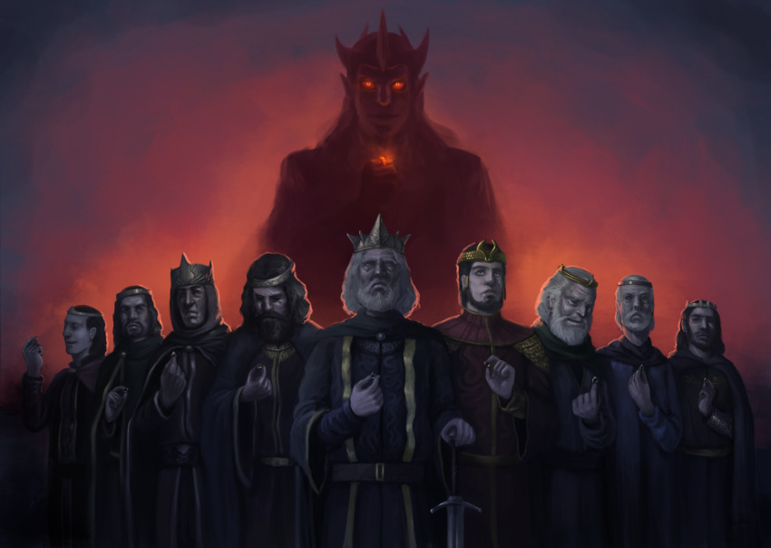 6+boys armor blue_gemstone chainmail circlet cloak commentary crown english_commentary fantasy gem glowing glowing_eyes glowing_jewelry gold_circlet green_gemstone highres holding holding_jewelry holding_ring holding_sword holding_weapon hood hood_up hooded_cloak jewelry king multiple_boys nazgul orange_gemstone red_gemstone ring royal_robe sauron spartank42 spikes sword the_lord_of_the_rings the_one_ring tolkien&#039;s_legendarium weapon white_gemstone witch_king_of_angmar yellow_eyes