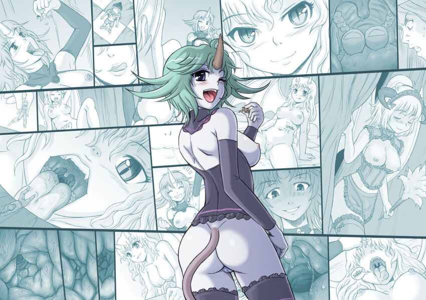 ass blush chalyss_(felarya) demon_girl demon_horns demon_tail felarya giant giantess horns karbo nipples nude one_eye_closed revealing_clothes smile tail vore