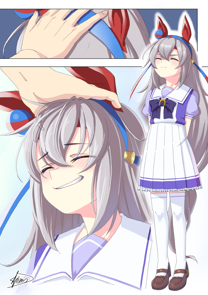 1girl 1other absurdres animal_ears boots brown_boots closed_eyes ear_ornament grey_hair grey_tail grin happy headband highres horse_ears horse_girl horse_tail ishida_illusto long_hair red_headband school_uniform shoes short_sleeves smile solo_focus tail tamamo_cross_(umamusume) tracen_school_uniform umamusume