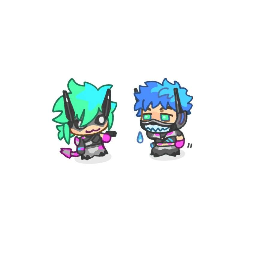 1boy 1girl alter_(apex_legends) animification apex_legends black_pants black_sclera black_shirt blue_hair chibi colored_sclera cropped_shirt gloves green_eyes green_hair grey_eyes grey_pants gun handgun highres holding holding_gun holding_weapon looking_at_another mask mechanical_tail mitus mouth_mask multiverse_marathoner_octane octane_(apex_legends) pants purple_gloves shirt short_hair smile tail weapon