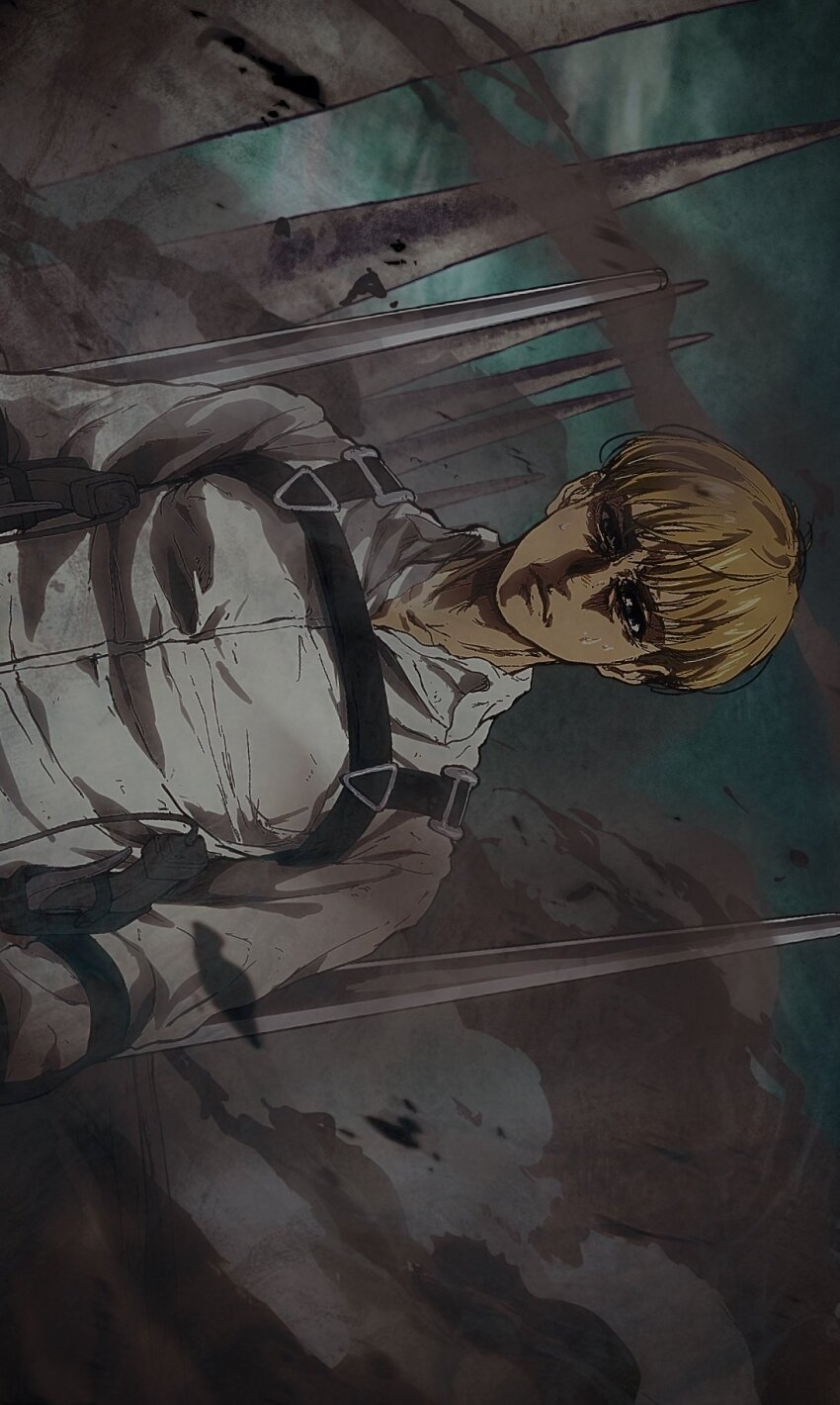 1boy armin_arlert blonde_hair blue_eyes collared_shirt daisx_(dais0115) dust eren_yeager founding_titan frown highres holding holding_weapon male_focus rocket_launcher sad shingeki_no_kyojin shirt short_hair sideways solo spikes three-dimensional_maneuver_gear titan_(shingeki_no_kyojin) upper_body weapon