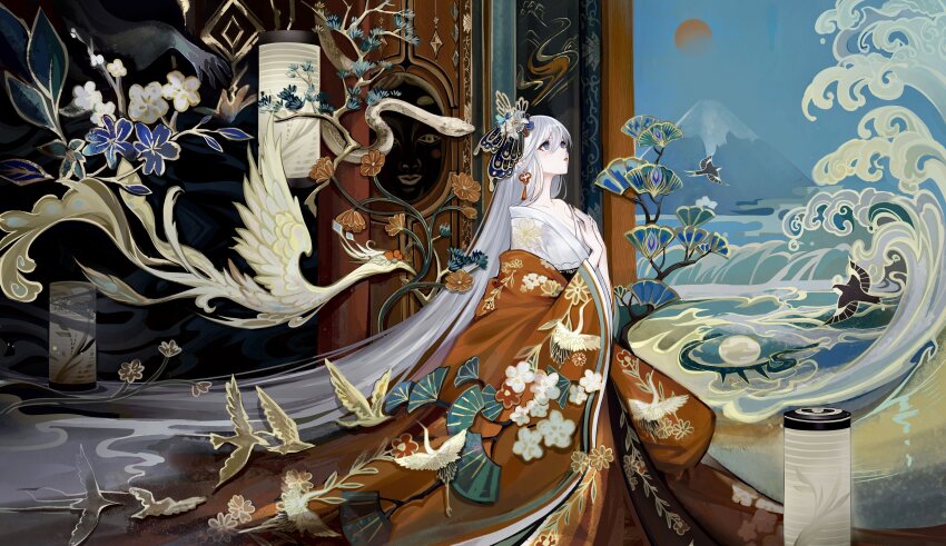 1girl absurdly_long_hair absurdres animal_print bird bird_print earrings floral_print grey_eyes grey_hair hair_ornament hands_on_own_chest highres jewelry lantern long_hair looking_up mole mole_under_eye original pale_skin shan_gui_yu_yao snake solo very_long_hair wide_sleeves