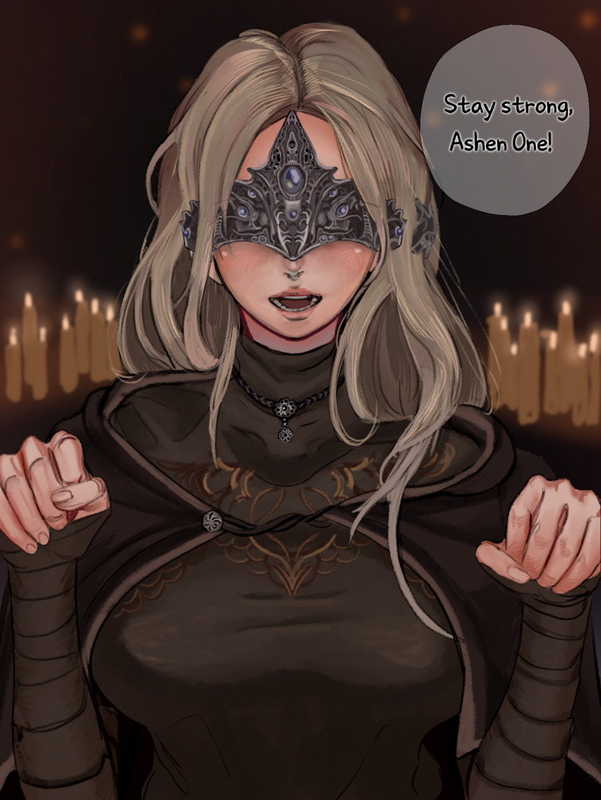 1girl black_cloak black_dress blindfold blonde_hair blush breasts cloak dark_souls_(series) dark_souls_iii dress fire_keeper forehead highres kkghost_tv large_breasts long_hair looking_at_viewer open_mouth paw_pose solo upper_body