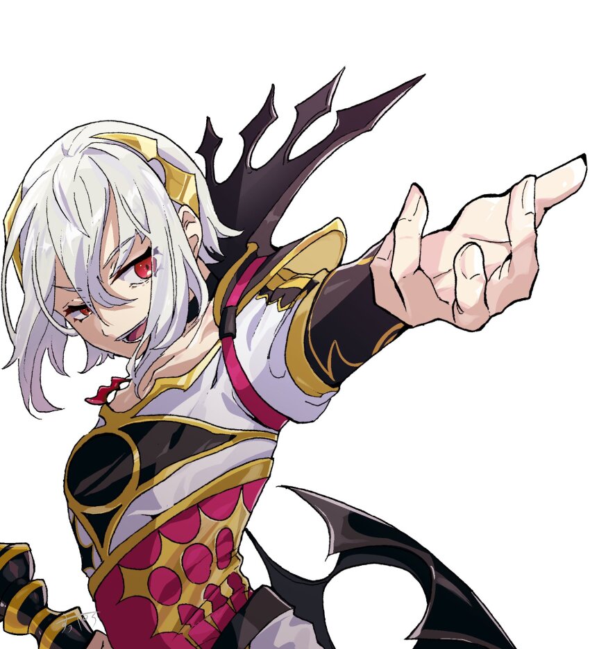 1boy androgynous armor black_armor fire_emblem fire_emblem_engage gold_trim hair_ornament hand_up highres nintendo perorinsr rafal_(fire_emblem) red_eyes smile solo_focus white_background white_hair