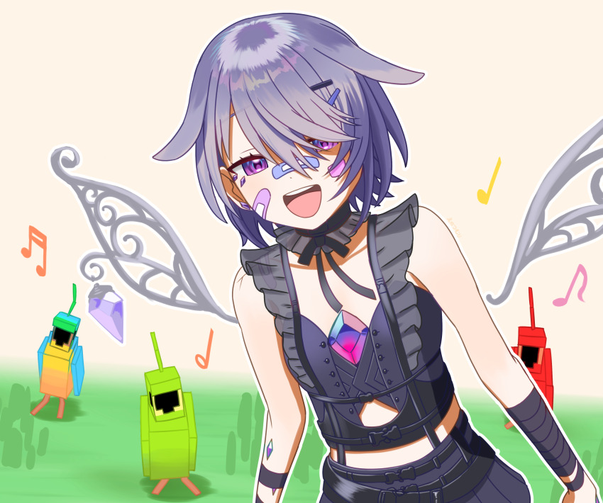 1girl bandaid bandaid_on_cheek bandaid_on_face bandaid_on_nose bird black_shirt chest_jewel cracked_skin enotsumuri gem grey_hair highres hololive hololive_english koseki_bijou koseki_bijou_(casual) minecraft musical_note open_mouth parrot purple_eyes purple_gemstone shirt solo virtual_youtuber
