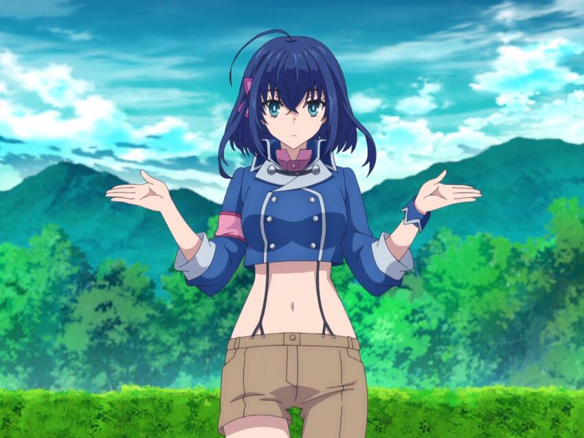 armband blue_eyes blue_hair cutoff_jeans cutoffs cyan_eyes hair_between_eyes hair_ornament hairclip hayanose_aoi highres looking_at_viewer navel screencap short_hair single_leg_pants sokushi_cheat_ga_saikyou_sugite_isekai_no_yatsura_ga_marude_aite_ni_naranai_n_desu_ga suspenders toned