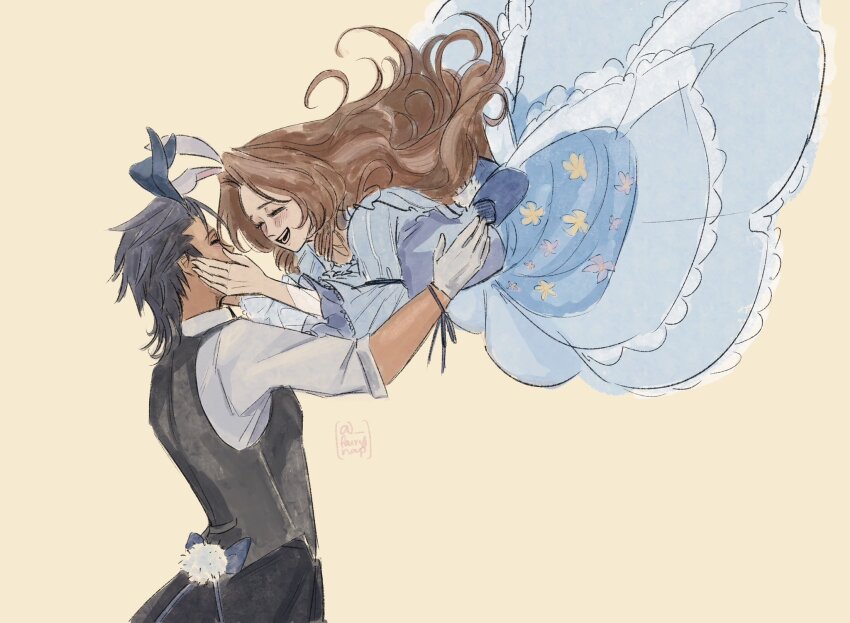 1boy 1girl aerith_gainsborough aerith_gainsborough_(classic_coney) animal_ears arm_ribbon black_hair black_pants black_vest blue_dress blue_ribbon blush brown_hair butler closed_eyes commentary couple dress english_commentary facing_another fairynap feet_out_of_frame final_fantasy final_fantasy_vii final_fantasy_vii_ever_crisis floating floral_print_dress flower gloves hands_on_another&#039;s_cheeks hands_on_another&#039;s_face highres official_alternate_costume open_mouth pants rabbit_ears rabbit_tail ribbon shirt signature simple_background smile spiked_hair tail upper_body vest white_gloves white_shirt zack_fair zack_fair_(bunny_butler)
