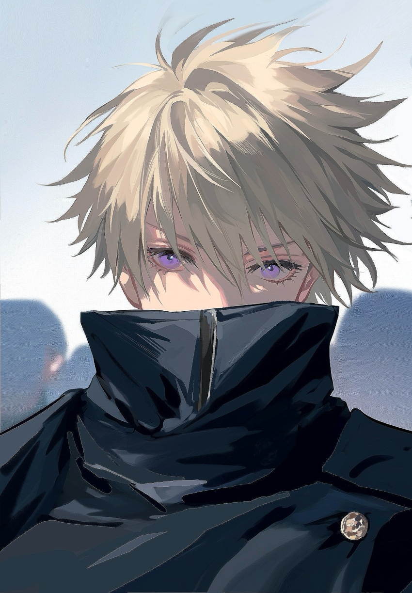 1boy badge black_jacket blonde_hair blue_sky chinese_commentary commentary_request covered_erect_nipples day eyelashes hair_between_eyes highres inumaki_toge jacket jujutsu_kaisen male_focus messy_hair outdoors people procreate_(medium) purple_eyes short_hair sky solo tanxianjia_xiaomao turtleneck turtleneck_jacket upper_body zipper