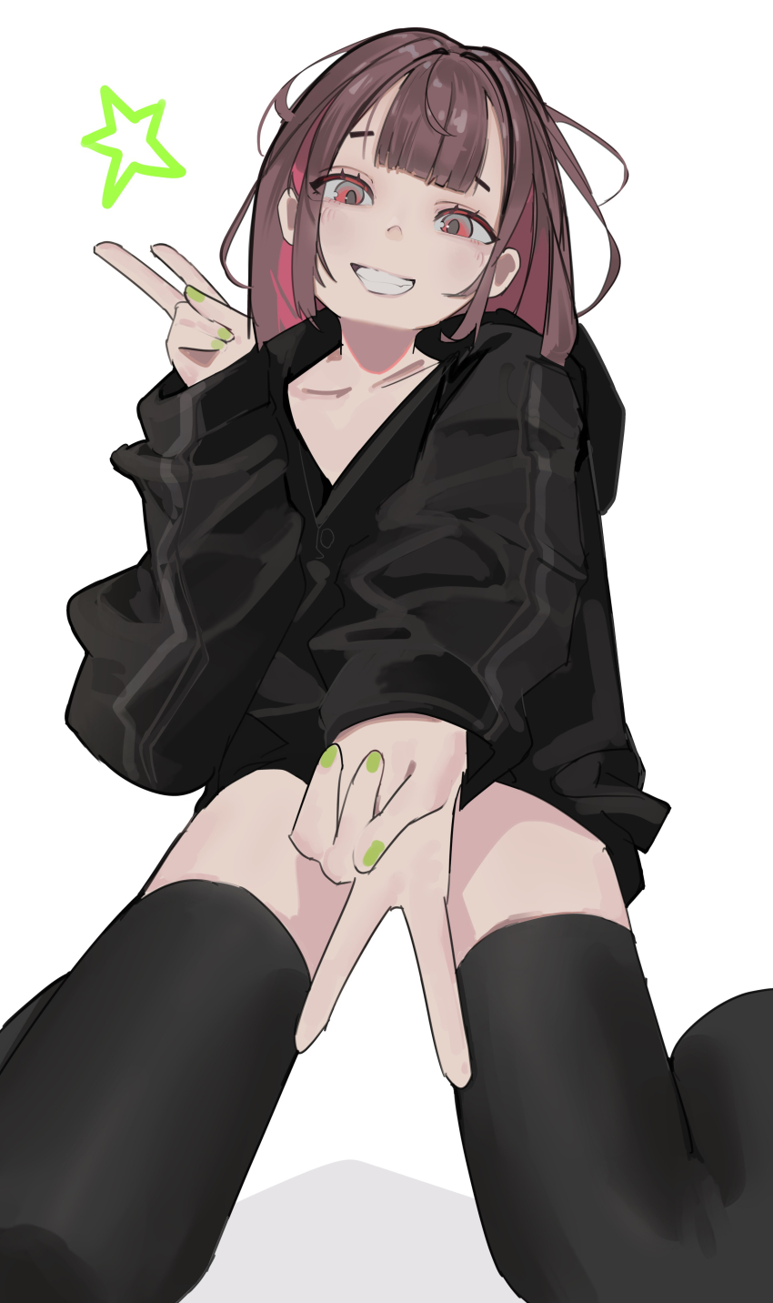 1girl absurdres colored_inner_hair highres hood hooded_jacket hoodie inno_(innoamp) jacket jirai_kei looking_at_viewer multicolored_hair original smile solo thighhighs v