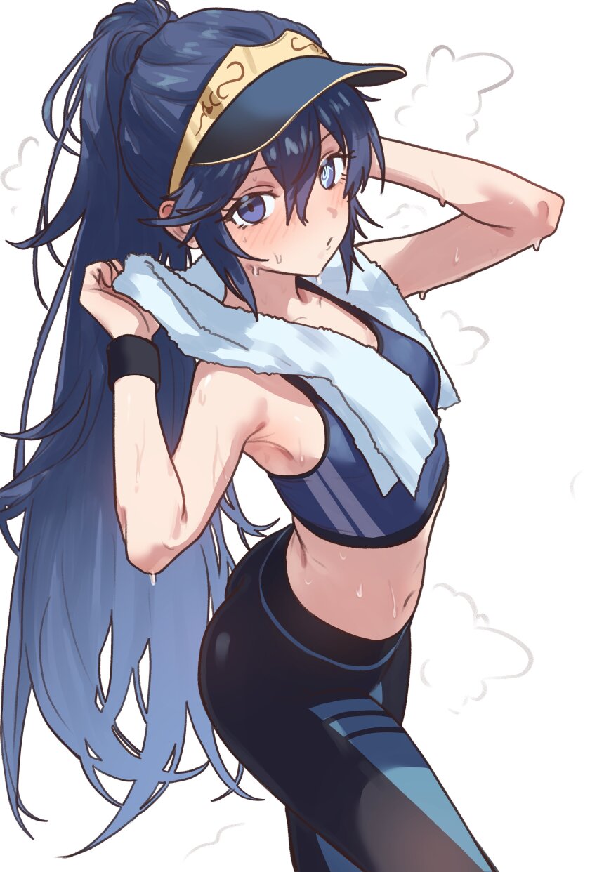 1girl absurdres armpits black_leggings blue_eyes blue_hair blue_sports_bra brand_of_the_exalt breasts commentary ebora english_commentary fire_emblem fire_emblem_awakening hair_between_eyes highres holding holding_towel leggings long_hair looking_at_viewer lucina_(fire_emblem) nintendo ponytail small_breasts solo sports_bra sweat sweatband towel visor_cap white_background