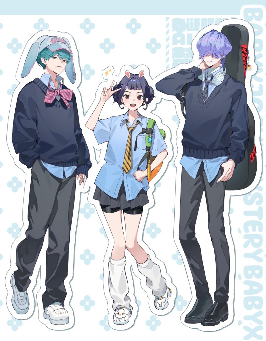 1girl 2boys alternate_costume animal_ears aqua_eyes aqua_hair aqua_nails arm_up baby_(kpop_demon_hunters) black_hair black_pants black_shoes black_shorts black_skirt blue_shirt blue_sweater bow bowtie brown_eyes closed_mouth collared_shirt couple double_bun earrings english_text fake_animal_ears friends full_body hair_bun hair_ornament hair_over_eyes hair_up hairclip hand_in_pocket hand_on_own_hip hand_on_own_neck happy hashtag-only_commentary hat head_tilt highres instrument_case_on_back jeokgwang jewelry knees_together_feet_apart kpop_demon_hunters long_sleeves looking_at_viewer looking_to_the_side loose_necktie multiple_boys mystery_(kpop_demon_hunter) necktie open_mouth pants purple_hair shirt shoes short_bangs short_hair short_shorts short_sleeves shorts skirt smile standing sweater swept_bangs teeth thighs tongue tongue_out upper_teeth_only v white_shoes zoey_(kpop_demon_hunters)