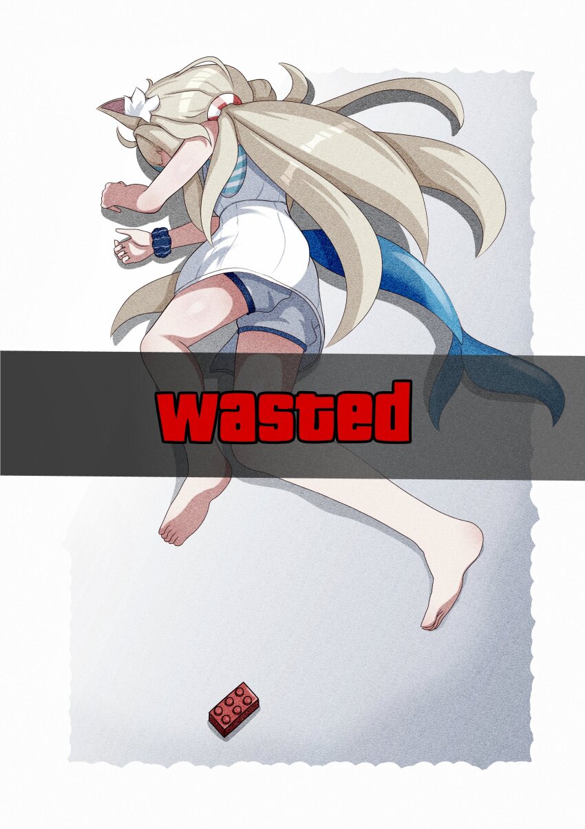 1girl absurdres ahoge animal_ear_fluff animal_ears barefoot bikini bikini_under_clothes blonde_hair blue_bikini blue_hair cat_ears commentary dress english_commentary fins fish_girl fish_tail frilled_bikini frills highres indie_virtual_youtuber lego lego_brick lifebuoy_hair_ornament long_hair low_twintails lying meme multicolored_hair on_side rei_(2812q) sailor_dress sameko_saba scrunchie short_shorts shorts sleeveless sleeveless_dress soles solo streaked_hair swimsuit tail toes twintails very_long_hair wasted_(meme) white_dress white_shorts yamcha_pose_(meme)