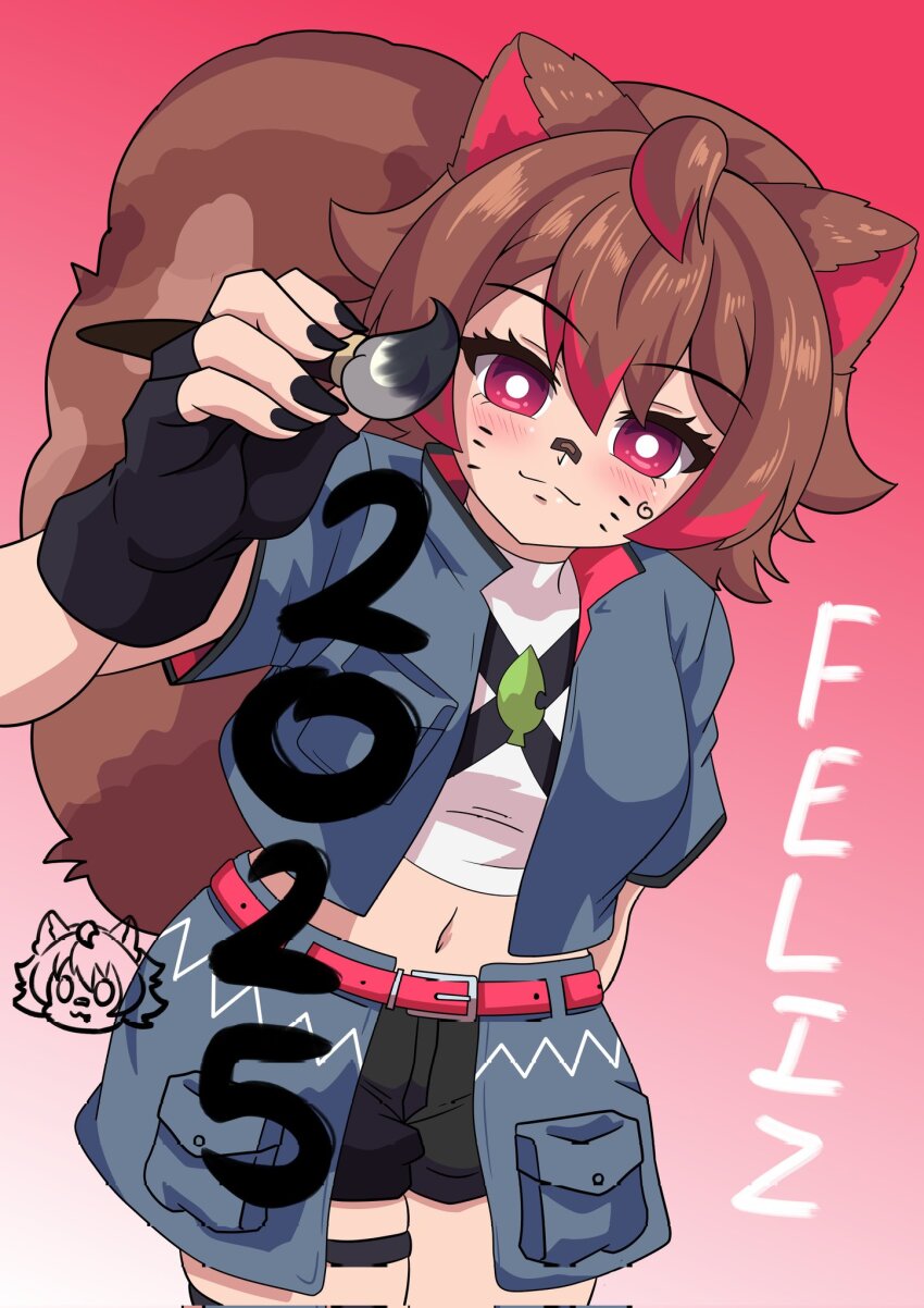 1girl 2025 animal_ears belt belt_buckle black_gloves black_nails black_shorts blue_jacket blue_overskirt blush breast_pocket bright_pupils brown_hair brown_tail buckle chest_strap colored_tips commentary_request cowboy_shot cropped_jacket drawing_on_fourth_wall fake_whiskers fingerless_gloves gloves gradient_background hair_between_eyes hair_flaps hand_up happy_new_year highres holding holding_paintbrush indie_virtual_youtuber jacket kimurasenpai leaf_brooch looking_at_viewer midriff multicolored_hair navel new_year paintbrush pocket raccoon_ears raccoon_girl raccoon_tail rakkun_sutaru rakkun_sutaru_(4th_costume) red_background red_belt red_eyes red_hair red_jacket second-party_source shirt short_sleeves shorts skirt_pocket spanish_commentary striped_tail tail thigh_strap turtleneck turtleneck_jacket two-sided_fabric two-sided_jacket two-tone_hair virtual_youtuber white_pupils white_shirt