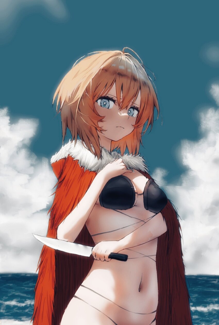 1girl black_souls blonde_hair blue_eyes breasts cloak closed_mouth cloud day fur-trimmed_cloak fur_trim hair_between_eyes hand_on_own_chest highres holding holding_knife hood hood_down hooded_cloak knife looking_at_viewer messy_hair navel ocean outdoors red_cloak red_hood_(black_souls) short_hair sky small_breasts solo stomach water wrangelina