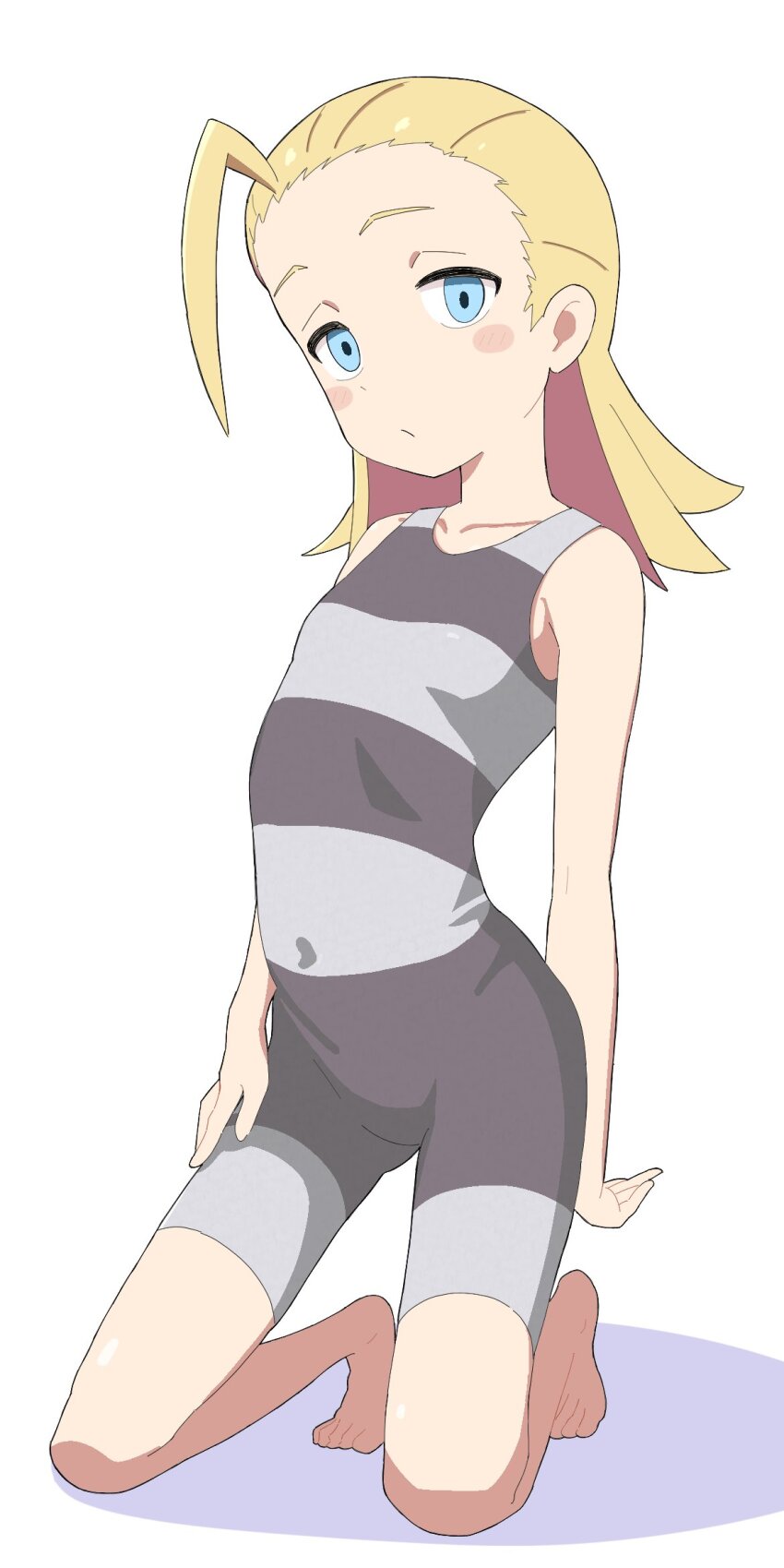 1girl ahoge blonde_hair blue_eyes blush_stickers do_it_yourself!! flat_chest highres juliet_queen_elizabeth_viii kneeling lurkingkaos medium_hair navel one-piece_swimsuit simple_background striped_clothes swimsuit white_background