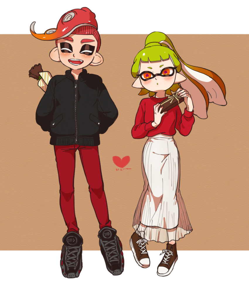 1boy 1girl black_flower black_footwear black_jacket blunt_bangs closed_eyes commentary flower gift gradient_hair green_hair heart hetero high-waist_skirt highres holding holding_behind_back holding_flower holding_gift inkling inkling_girl inkling_player_character jacket letterboxed long_skirt long_sleeves looking_at_viewer mohawk multicolored_hair nintendo octoling octoling_boy octoling_player_character open_mouth outside_border pants parted_bangs pointy_ears ponytail red_eyes red_hair red_pants red_sweater shoes skirt smile sneakers splatoon_(series) standing suction_cups sweater tentacle_hair valentine white_skirt yeneny
