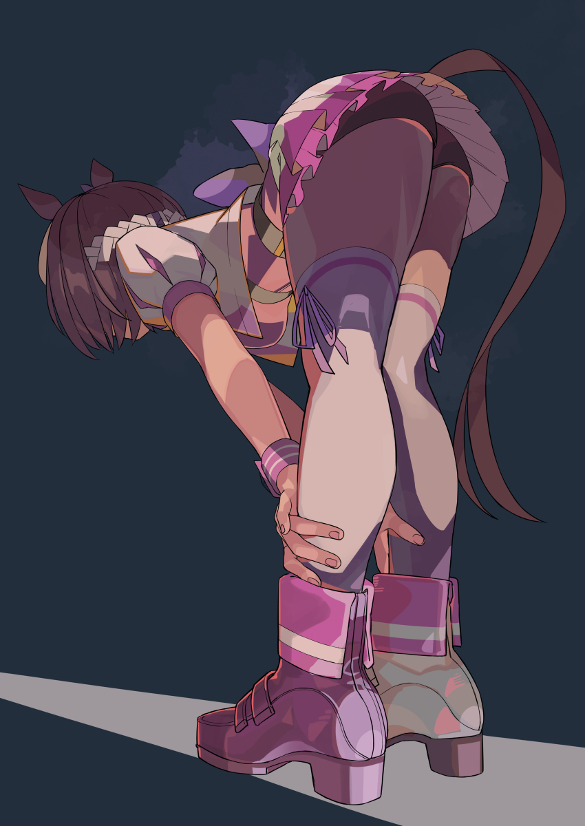 1girl absurdres animal_ears ass asymmetrical_footwear bending bike_shorts blue_background boots braid breasts brown_hair clothing_cutout commentary_request corset cropped_jacket fold-over_boots full_body half_up_braid hands_on_own_thighs highres horse_ears horse_tail jacket leaning_forward looking_to_the_side medium_breasts mismatched_footwear multicolored_hair open_clothes open_jacket oshiri_seijin puffy_short_sleeves puffy_sleeves ribbon shoes short_hair short_sleeves simple_background special_week_(umamusume) standing streaked_hair tail tail_through_clothes thighhighs umamusume white_hair white_jacket white_thighhighs wrist_cuffs
