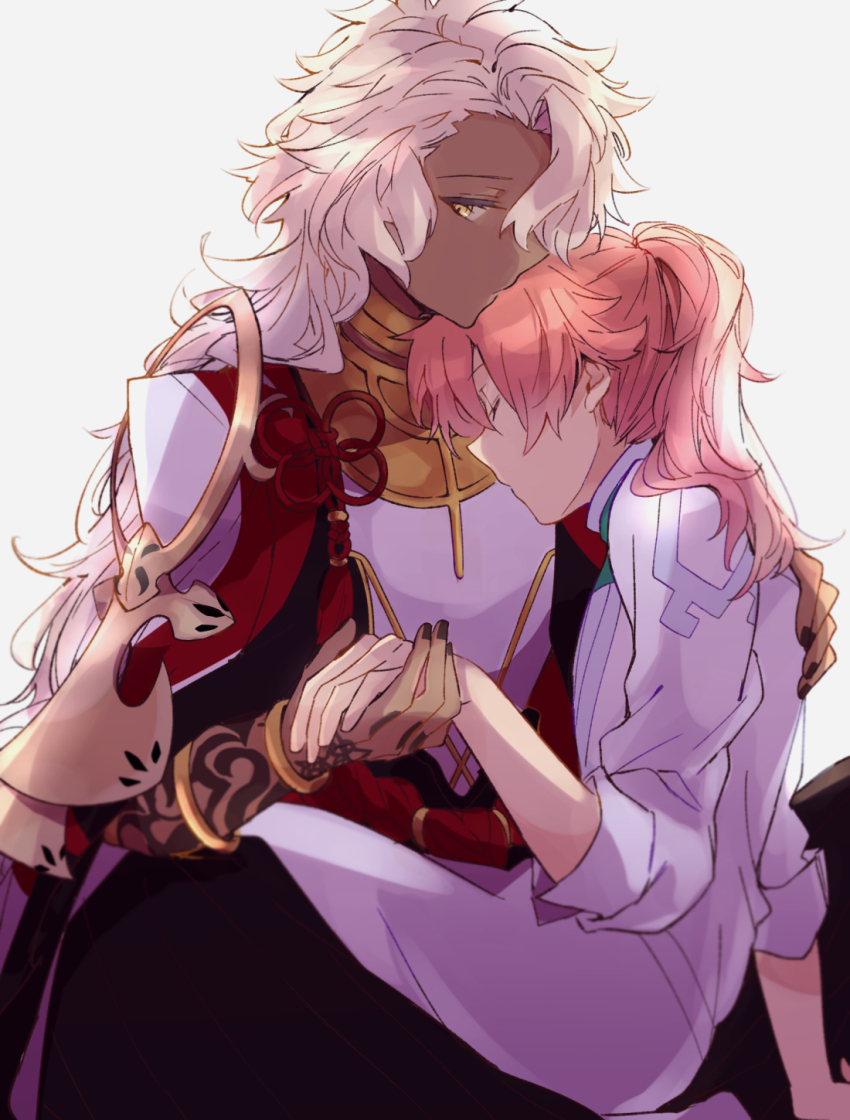 2boys arm_tattoo black_nails bracelet closed_eyes closed_mouth coat curtained_hair dark-skinned_male dark_skin fate/grand_order fate_(series) flower_knot hair_over_one_eye hand_grab hand_on_another&#039;s_shoulder hand_tattoo highres jewelry kak_hac long_hair long_sleeves looking_to_the_side male_focus multiple_boys nail_polish neck_ring pink_hair ponytail romani_archaman simple_background sitting sitting_on_lap sitting_on_person solomon_(fate) tassel tattoo very_long_hair white_background white_coat white_hair yellow_eyes