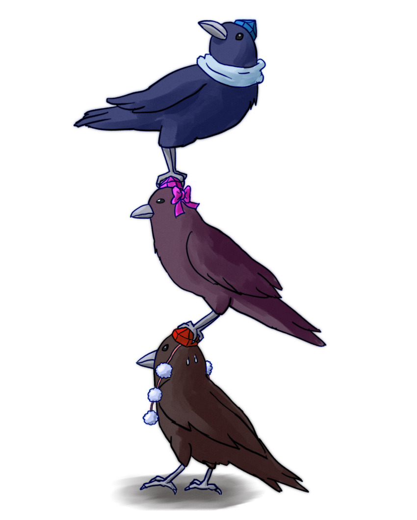 absurdres animal_focus animal_tower animalization bird blue_headwear bow commentary crow hat highres himekaidou_hatate himekaidou_hatate_(crow) iizunamaru_megumu iizunamaru_megumu_(bird) iizunamaru_megumu_(crow) no_humans pink_bow pink_headwear pom_pom_(clothes) red_headwear shameimaru_aya shameimaru_aya_(crow) simple_background stack symbol-only_commentary tokin_hat touhou white_background zawabug