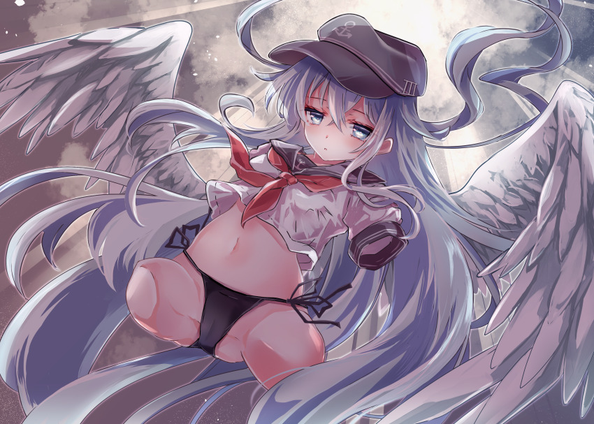 1girl absurdres amputee anchor_symbol black_hat black_panties blue_eyes breasts commission feathered_wings flat_cap grey_hair hair_between_eyes hat hibiki_(kancolle) highres kantai_collection long_hair meguri_uguisu navel neckerchief panties quadruple_amputee red_neckerchief school_uniform serafuku short_sleeves side-tie_panties skeb_commission small_breasts solo underwear very_long_hair white_wings wings