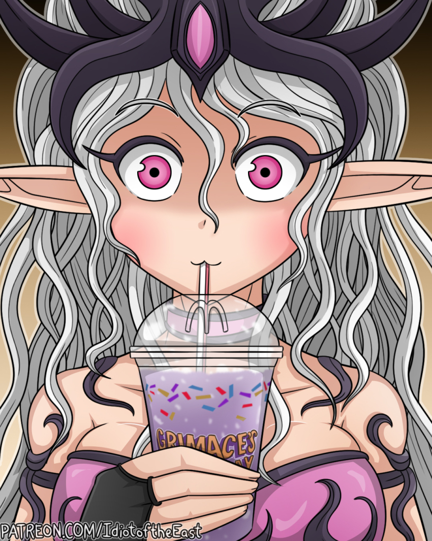 1girl :3 black_gloves breasts commentary cup drinking english_commentary fingerless_gloves gloves grey_eyes grimace_shake_(meme) highres holding holding_cup idiot_of_the_east large_breasts mcdonald&#039;s meme pink_hair pointy_ears portrait slaanesh solo warhammer_40k watermark web_address