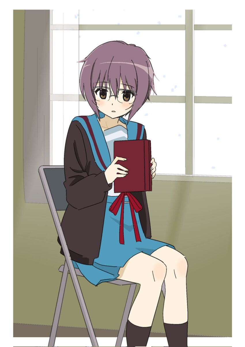 1girl blue_sailor_collar blue_skirt book border brown_cardigan brown_eyes brown_socks cardigan chair collarbone curtains day feet_out_of_frame flat_chest glasses highres holding holding_book indoors kita_high_school_uniform knees light_blush long_sleeves nagato_yuki on_chair open_cardigan open_clothes open_mouth outside_border purple_hair red_ribbon ribbon rytoua318 sailor_collar school_uniform semi-rimless_eyewear serafuku short_hair shy sitting skirt snow socks solo suzumiya_haruhi_no_yuuutsu white_border window winter_uniform