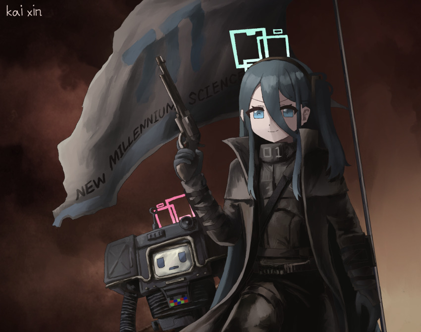 2girls absurdres aris_(blue_archive) armor black_hair blue_archive blue_eyes blue_halo coat cosplay dim_lighting doyagao fallout fallout:_new_vegas flag flagpole gloves gun hair_between_eyes halo handgun highres holding holding_gun holding_weapon jitome kai_xin kei_(robot)_(blue_archive) long_hair millennium_science_school_logo multiple_girls ncr_veteran_ranger parody pink_halo rectangular_halo revolver securitron_(fallout) side_ponytail signature smoke smug torn_flag trench_coat very_long_hair weapon