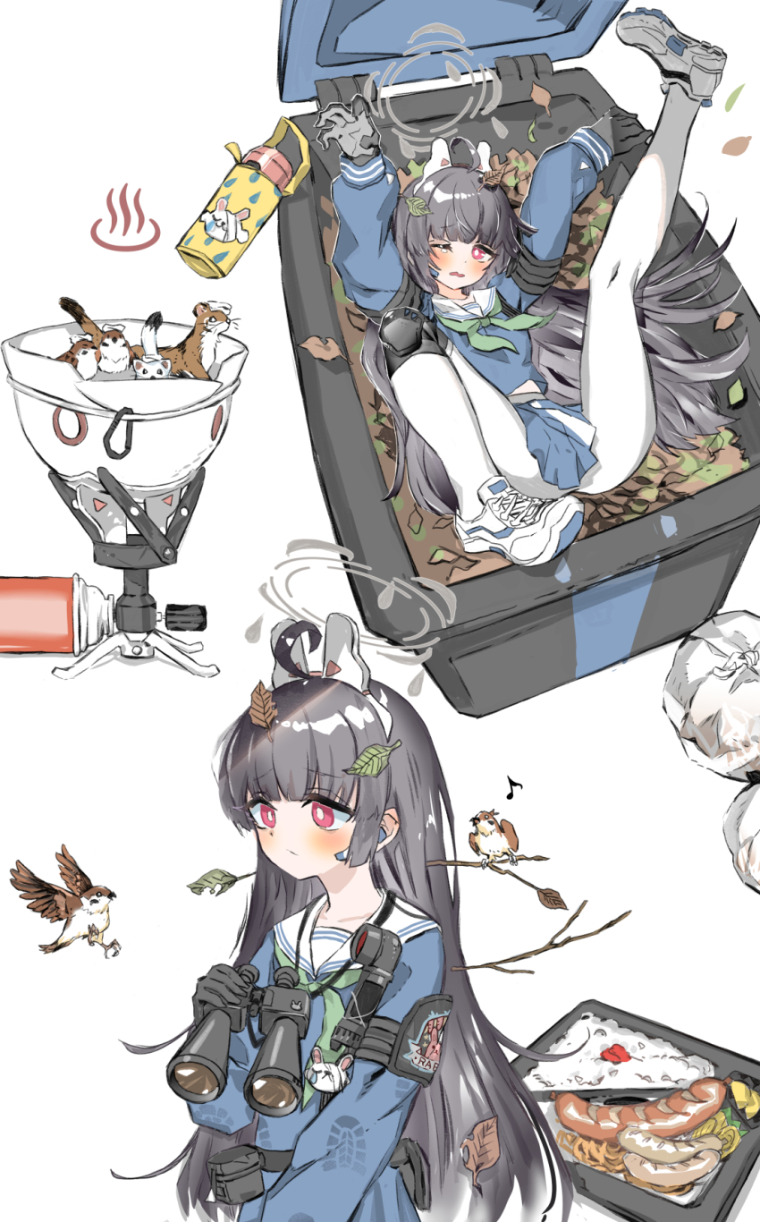 1girl ahoge animal_ear_headwear animal_ears belt belt_pouch binoculars bird black_gloves black_hair blue_archive blue_serafuku blue_skirt blush bright_pupils dirty dirty_clothes fake_animal_ears gloves green_neckerchief halo headpiece helmet highres knee_pads leaf leaf_on_head long_hair looking_away miyu_(blue_archive) neckerchief onsen_symbol open_mouth pantyhose portable_stove pouch rabbit_ears red_eyes ryoma_(rym_369) sailor_collar school_uniform serafuku shoes single_knee_pad skirt sneakers solo sparrow squirrel trash_bag trash_can twig two-tone_skirt weasel white_background white_pantyhose white_pupils white_sailor_collar white_shoes white_skirt