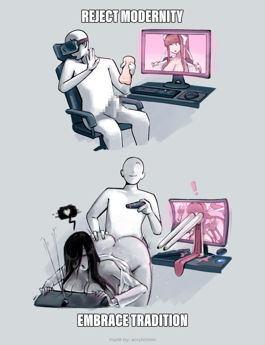 1boy 2girls :o acrylictoon artificial_vagina artist_name ass ass_grab black_hair blush breast_press breasts bulging_eyes censored chair closed_eyes clothes colored_skin computer controller doggystyle doki_doki_literature_club drakeposting_(meme) english_text eye_pop ghost grabbing_from_behind green_eyes grey_background hair_over_one_eye head-mounted_display heart hetero highres huge_breasts large_breasts long_hair meme monika_(doki_doki_literature_club) monitor mosaic_censoring multiple_girls on_chair open_clothes penis pink_hair ponytail remote_control sex sex_from_behind sex_toy simple_background sitting speech_bubble spoken_heart surprised television the_ring vr_visor white_skin yamamura_sadako