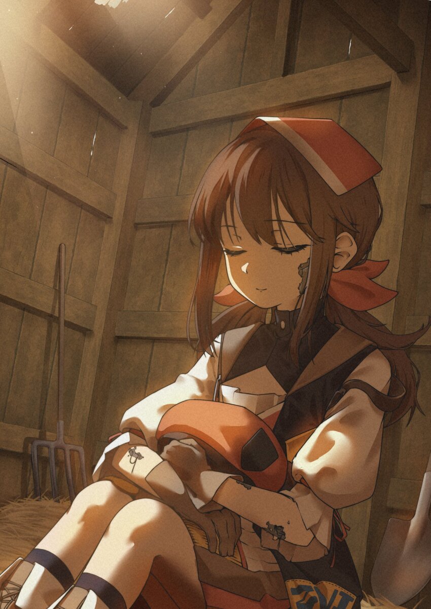 1girl android beret black_dress black_socks boots bow breasts brown_gloves brown_hair closed_eyes closed_mouth damaged dress falcon_(girls&#039;_frontline) feet_out_of_frame girls&#039;_frontline gloves hat hay headscarf highres indoors long_hair mechabare mojamozanari pitchfork red_bow red_headscarf sitting small_breasts smile socks solo sunlight twintails