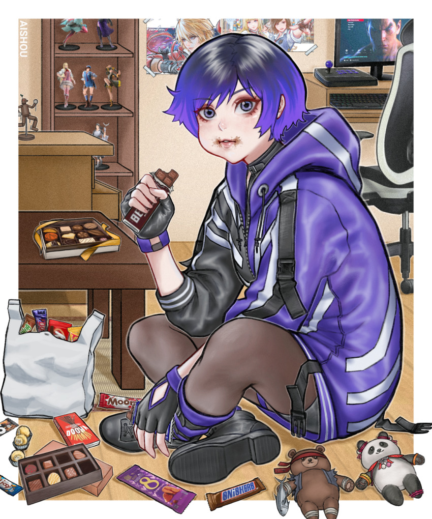 1girl absurdres ai_shou alisa_boskonovich arcade_stick artist_name bag black_hair brand_name_imitation cabinet candy candy_wrapper chair chocolate commentary computer_keyboard controller drawstring eating emilie_de_rochefort figure fingerless_gloves food food_on_face game_controller gloves highres hood hood_down hooded_jacket hoodie indian_style indoors jacket joystick kazama_asuka kazama_jun kitkat kuma_(tekken) ling_xiaoyu looking_at_viewer merchandise mishima_kazuya mokujin_(tekken) monitor multicolored_hair multicolored_jacket otaku otaku_room panda_(tekken) pantyhose partially_unwrapped_candy pocky poster_(object) purple_eyes purple_hair reina_(tekken) shopping_bag short_hair sitting snickers_(brand) stuffed_toy tape tekken tekken_8 video_game wrapped_candy zipper