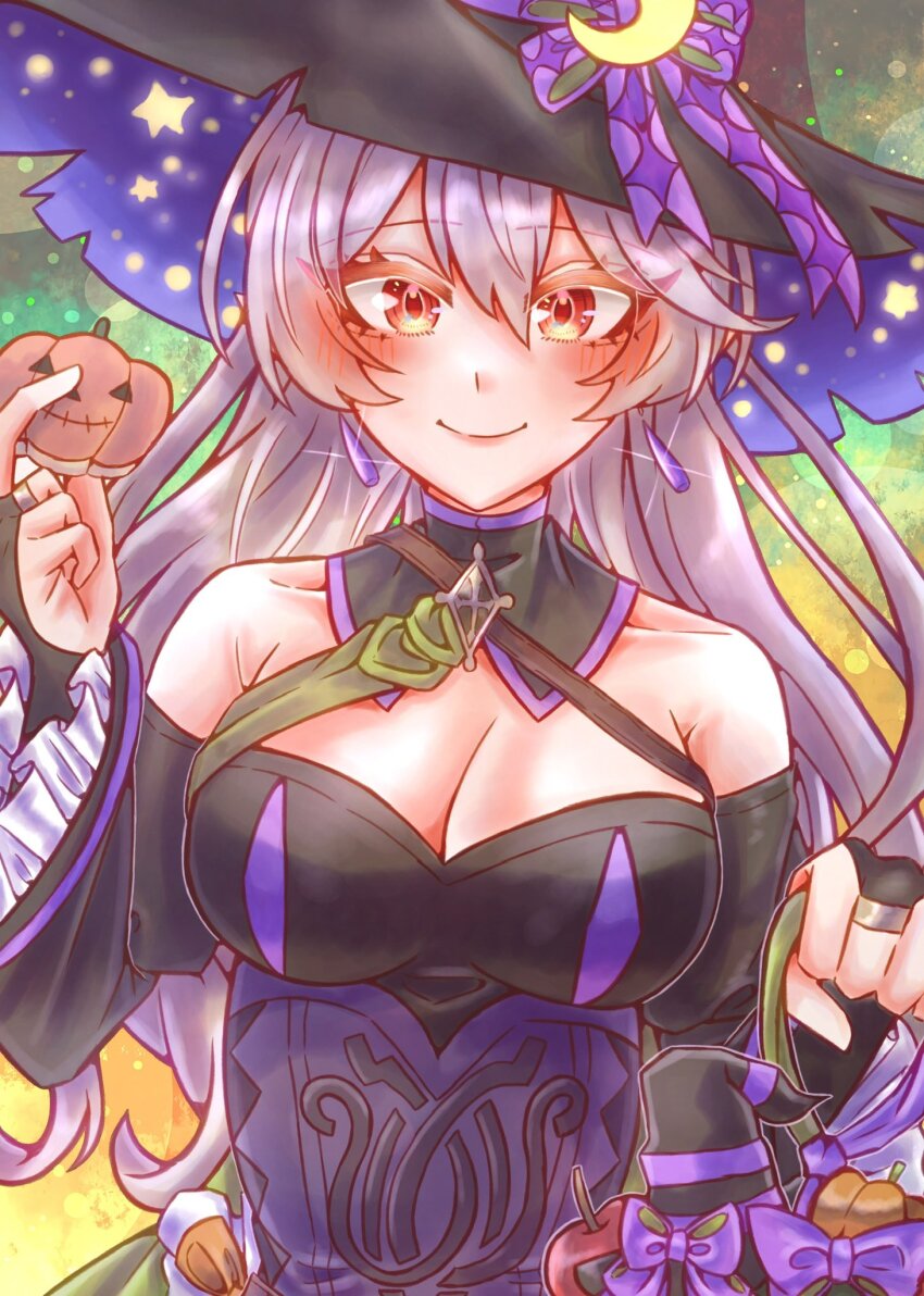 1girl apple armpit_crease basket black_hat closed_mouth commentary_request cookie corrin_(female)_(fire_emblem) corrin_(female)_(halloween)_(fire_emblem) earrings eyelashes fire_emblem fire_emblem_fates fire_emblem_heroes floating_earring food fruit glint halloween halloween_costume hat highres holding holding_basket holding_cookie holding_food jewelry long_hair looking_at_viewer nintendo official_alternate_costume purple_hair smile solo star_(symbol) witch_hat yuria0322
