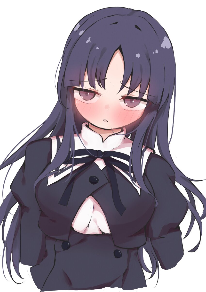 1girl absurdres arms_at_sides assault_lily black_hair black_ribbon black_skirt blush breasts buttons chitonimu commentary_request cropped_arms cropped_jacket cropped_torso high-waist_skirt highres juliet_sleeves large_breasts long_hair long_sleeves looking_at_viewer neck_ribbon parted_lips puffy_sleeves purple_eyes raised_eyebrows ribbon school_uniform shirai_yuyu shirt sidelocks simple_background skirt solo upper_body white_background white_shirt yurigaoka_girls_academy_school_uniform