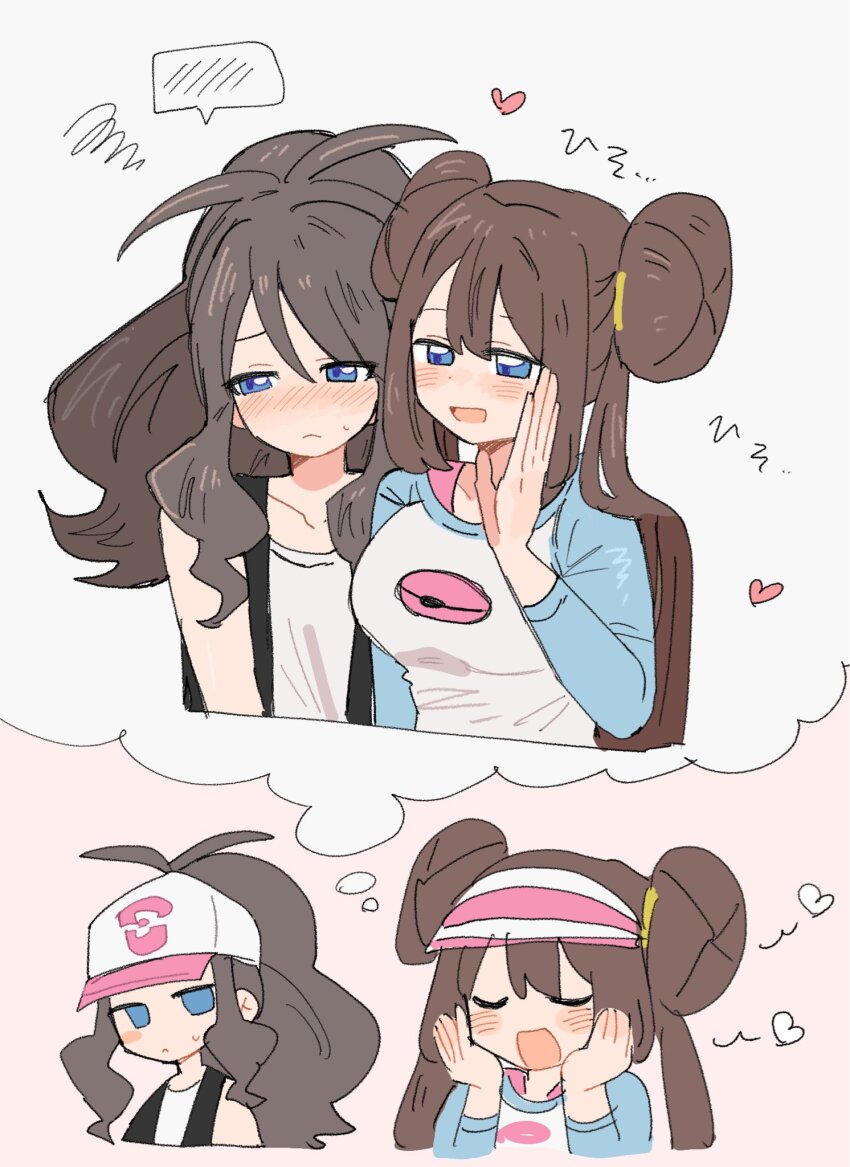 blush brown_hair closed_eyes commentary_request han0579 hands_on_own_face highres hilda_(pokemon) long_hair multiple_girls nintendo pokemon pokemon_bw pokemon_bw2 ponytail rosa_(pokemon) speech_bubble thought_bubble twintails yuri