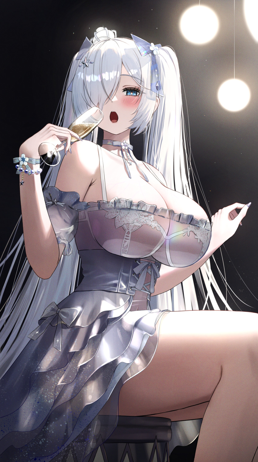 1girl :o absurdres alcohol blue_eyes blush bra breasts choker cinderella_(glass_princess)_(nikke) cinderella_(nikke) crown cup dress drinking_glass goddess_of_victory:_nikke hair_ornament hair_over_one_eye highres holding holding_cup jewelry large_breasts light_blush long_eyelashes long_hair looking_at_viewer mini_crown official_alternate_costume open_mouth pale_skin see-through_clothes see-through_dress solo star_(symbol) star_hair_ornament teeth twintails umbsy_gi underwear upper_teeth_only very_long_hair white_bra white_dress white_hair