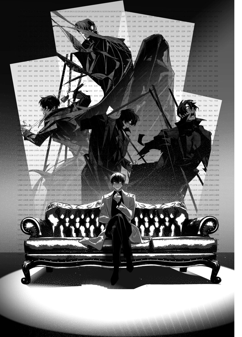 2boys absurdres attack black_coat black_hair coat couch covered_face crossed_legs english_text fighting_stance greyscale hand_on_lap hand_on_own_chest highres holding holding_sword holding_weapon hood hood_up kim_dokja light_particles looking_at_viewer male_focus monochrome multiple_boys multiple_views numbered omniscient_reader&#039;s_viewpoint on_couch open_mouth pages screaming shadow short_hair spotlight sword tack_ka_2_0 weapon white_coat white_eyes yoo_joonghyuk