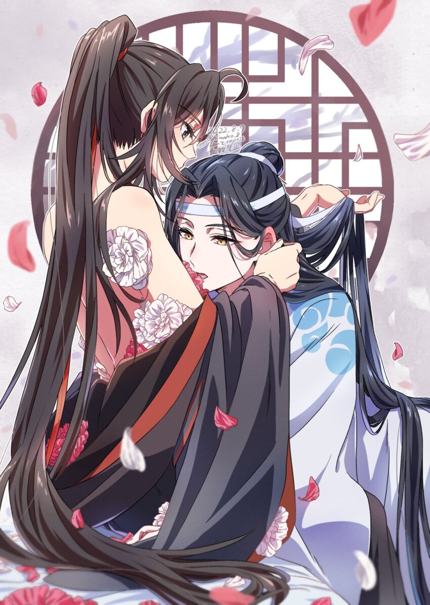 2boys ahoge androgynous bare_back bare_shoulders bed bed_sheet bishounen black_hair black_hanfu brown_hair chinese_clothes clothes_down dated eyelashes falling_petals flower flower_in_clothes flower_on_chest grey_eyes hair_ribbon hand_on_another&#039;s_neck hanfu headband high_ponytail highres holding_another&#039;s_hair hug implied_sex indoors kimako_(kimako_8) lan_wangji lattice licking long_hair long_sleeves looking_at_another male_focus modao_zushi multiple_boys off_shoulder on_bed open_clothes open_mouth open_robe partially_undressed petals ponytail profile red_flower red_petals red_ribbon ribbon robe robe_partially_removed round_window sidelocks sitting topknot trap_on_trap twitter_username very_long_hair watermark wei_wuxian white_flower white_hanfu white_headband white_petals wide_sleeves window xiao_guan_(headdress) yaoi yellow_eyes