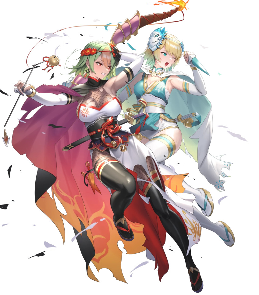 2girls alternate_costume arrow_(projectile) black_thighhighs black_vs_white blonde_hair blue_eyes blue_hair bow_(weapon) breasts capelet cleavage cuboon dark-skinned_female dark_skin elbow_gloves female_focus fire_emblem fire_emblem_heroes fishnets fjorm_(fire_emblem) full_body gloves gradient_clothes gradient_hair green_hair highres holding holding_bow_(weapon) holding_weapon japanese_clothes kodachi kunai laegjarn_(fire_emblem) large_breasts mask mask_on_head medium_breasts multicolored_hair multiple_girls ninja nintendo non-web_source obi official_alternate_costume official_art one_eye_closed orange_hair red_eyes sandals sash sheath sheathed short_hair short_sword sleeveless sword thighhighs torn_clothes transparent_background two-tone_hair weapon white_thighhighs wince