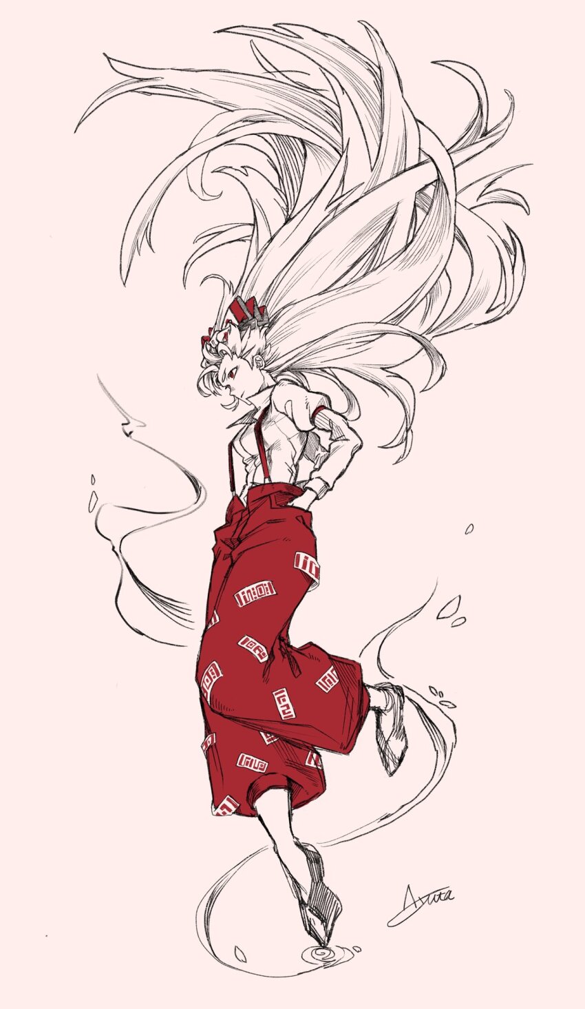 1girl akino_tsuki bow breasts collared_shirt from_side fujiwara_no_mokou full_body hair_bow hair_floating_upwards hand_in_pocket highres leg_up long_hair long_sleeves looking_to_the_side medium_breasts pants puffy_long_sleeves puffy_sleeves red_eyes red_pants shirt signature simple_background solo suspenders touhou very_long_hair white_background white_hair white_shirt
