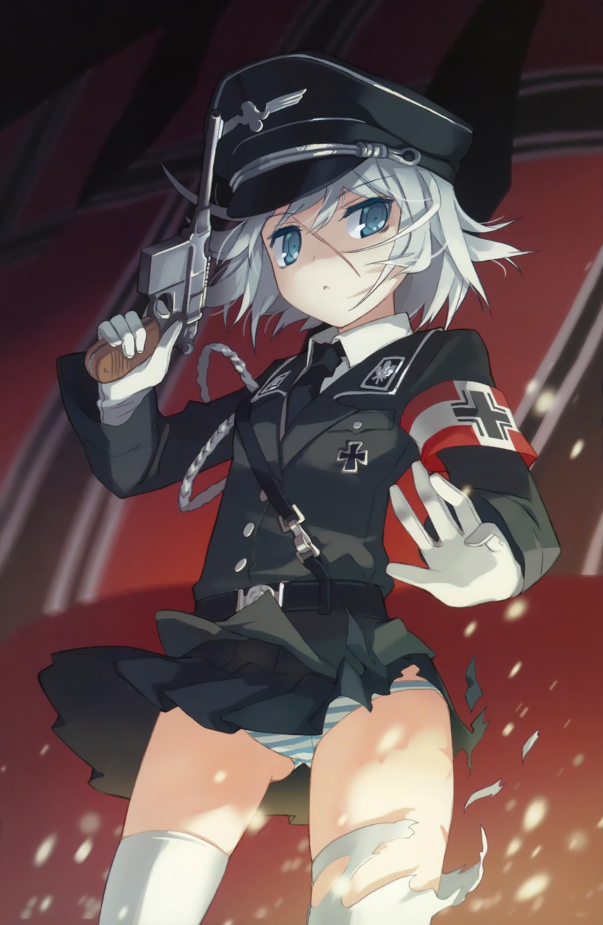 1girl :&lt; absurdres aiguillette balkenkreuz blue_eyes board_game bridget_rosenfeld card_(medium) cross female_focus german_text gloves gun h2so4 handgun hat highres iron_cross k-books_original_gunjin_shougi_card looking_at_viewer mauser_c96 military military_uniform nazi panties pantyshot peaked_cap pistol pleated_skirt shogi short_hair skirt solo standing striped_clothes striped_panties thighhighs torn_clothes torn_thighhighs underwear weapon white_gloves wind wind_lift world_war_ii