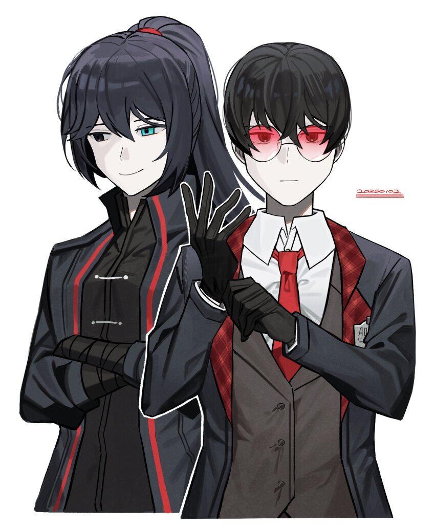 2boys absurdres adjusting_clothes adjusting_gloves alternate_universe asdf1211950 black_coat black_eyes black_gloves black_hair black_vest closed_mouth coat collared_shirt cosplay expressionless gloves gubo_(project_moon) gubo_(project_moon)_(cosplay) highres hong_lu_(project_moon) jia_huan_(project_moon) jia_huan_(project_moon)_(cosplay) lapels limbus_company looking_at_viewer multiple_boys necktie notched_lapels plaid_lapels project_moon red-tinted_eyewear red_necktie role_reversal round_eyewear shirt tinted_eyewear upper_body vest white_shirt yi_sang_(project_moon)
