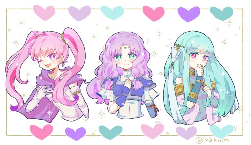 3girls ahoge artist_name blue_hair cape circlet closed_mouth commentary_request curtained_hair fire_emblem fire_emblem:_the_blazing_blade florina_(fire_emblem) green_eyes heart inset_border long_hair looking_at_viewer multiple_girls ninian_(fire_emblem) nintendo one_eye_closed open_mouth outside_border pink_hair purple_cape purple_eyes red_eyes serra_(fire_emblem) smile sparkle twintails twitter_username wavy_hair white_background yzkmm